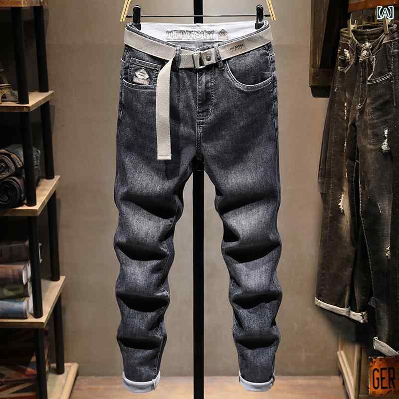 メンズ 男性用 ファッション オシャレ シンプル 大人 かっこいい ストリート ヒップホップ HipHop ジーンズ スリム ストレート レッグ パンツ 夏 薄手 グレー ストレッチパンツ
