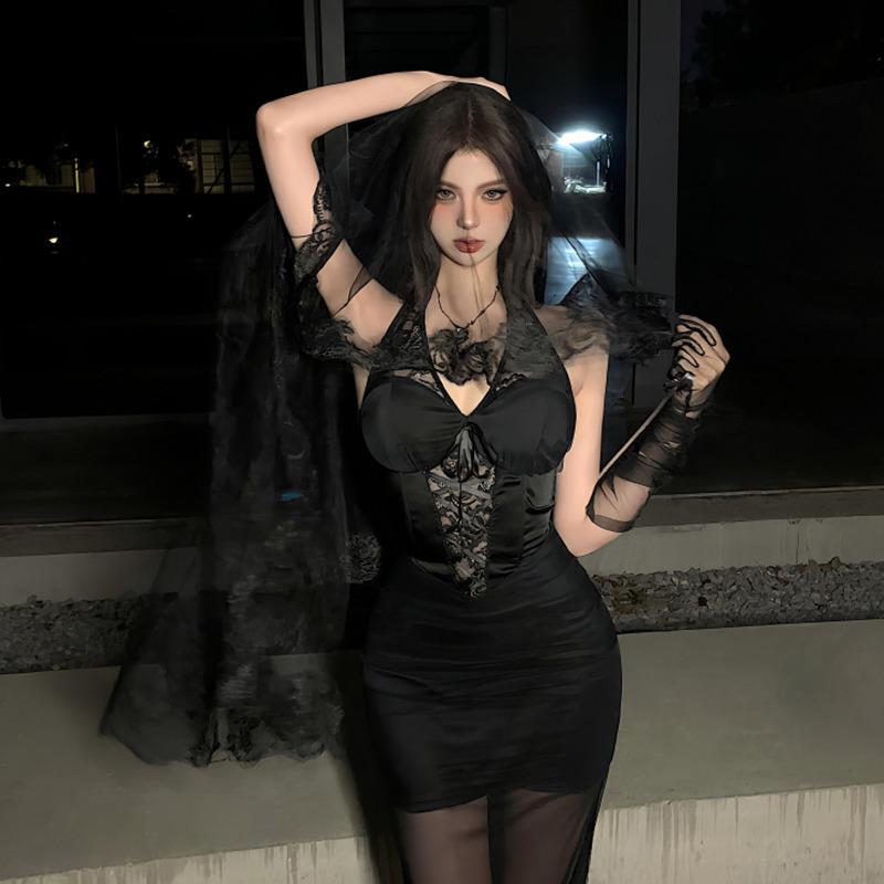 春 コーデ レディース ファッション オシャレ カワイイ シンプル きれいめ ナチュラル 上品カジュアル 婦人服 黒 Vネック ドレス ハロウィン 衣装 メッシュ フィッシュテール スカート