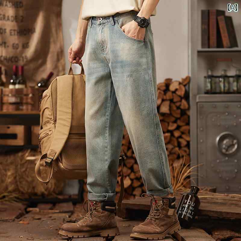 メンズ 男性用 ファッション オシャレ シンプル 大人 かっこいい ストリート ヒップホップ HipHop アメリカンン ジーンズ ルーズ ストレート レッグ ワイド ハイ ストリート イエロー マッド 春 スタイル アミ カーキパンツ