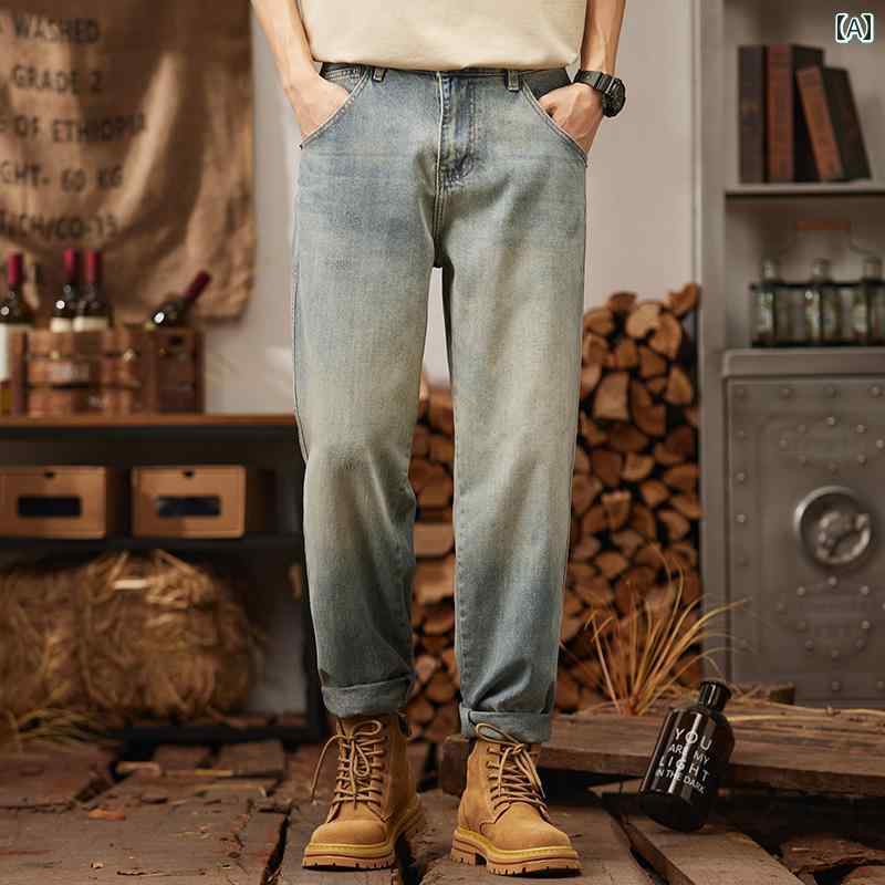 Half Pants, Shorts - メンズ 男性用 ファッション オシャレ シンプル 大人 かっこいい ストリート ヒップホップ HipHop アメリカンン ジーンズ ルーズ ストレート ワイド レッグ パンツ レトロ ダメージ ブルー 春 ズボン
