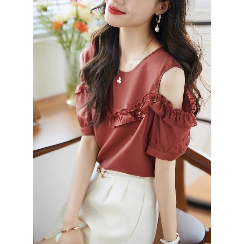 春 コーデ レディース ファッション オシャレ カワイイ シンプル きれいめ ナチュラル 上品カジュアル 婦人服 シンプル フリル オフショルダー テンセル 薄手 通気性 快適 シャツ