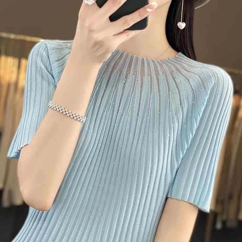 春 コーデ レディース ファッション オシャレ カワイイ シンプル きれいめ ナチュラル 上品カジュアル 婦人服 ラウンドネック 薄手 プルオーバー 半袖 セーター