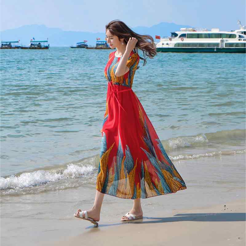 ワンピース レディース ボヘミアン ロング スカート 海辺 ビーチ リゾート バリ島 タイ スタイル 軽やか 揺れる 裾 フリンジ 花柄 柄物..