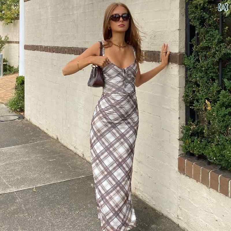 レディース ファッション オシャレ カワイイ 女性用 シンプル 大人カワイイ レトロ かわいい チェック柄 ドレス 春 スリミング ロング スカート