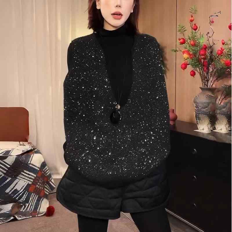 春 コーデ レディース ファッション オシャレ アイテム カワイイ コーデ シンプル きれいめ ナチュラル 上品カジュアル 女性用 婦人服 ハイエンド ウェア Vネック スパンコール ソフト ウエスト コート ニット ベスト ゆったり スリム レイ ノースリーブ トップス