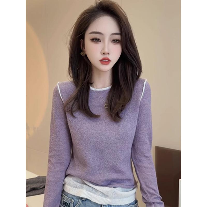 春 コーデ レディース ファッション オシャレ アイテム カワイイ コーデ シンプル きれいめ ナチュラル 上品カジュアル 女性用 婦人服 フェイク ツーピース セーター ニット 秋 スイート スリム プルオーバー レイヤリング シャツ トップス