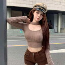 春 コーデ レディース ファッション オシャレ アイテム カワイイ コーデ シンプル きれいめ ナチュラル 上品カジュアル 女性用 婦人服 ブラウン スクエアネック ホルターネック ウール ニット レイヤリング シャツ T インナーウェア ハイウエスト シック トップス