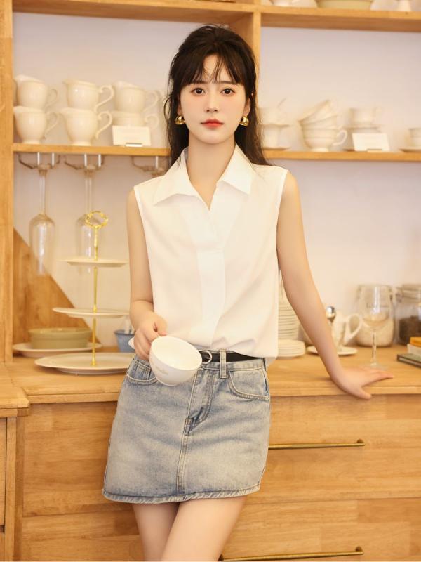 Sleeveless - 春 コーデ レディース ファッション オシャレ カワイイ シンプル きれいめ ナチュラル 上品カジュアル 婦人服 シフォン ノースリーブシャツ 夏 スリム トップス 通勤ウェア シャツ ゆったり 無地