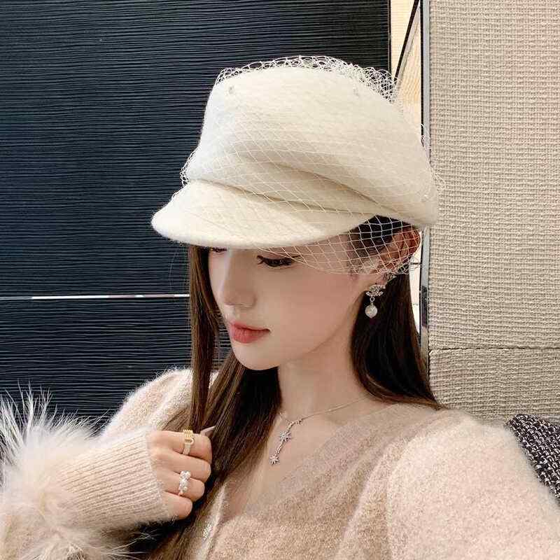 Rakuten - 春 コーデ オシャレ 小物 アイテム レディース 女性用　ホワイトメッシュ　ウール　乗馬　秋　フレンチ　ハイエンド　ベレー帽