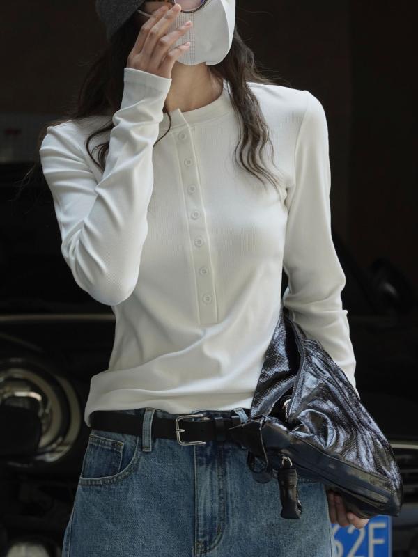Rakuten - Tシャツ レディース 春 シンプル ニット スリム レジャー トップス かわいい トップス 柔らかい フィット レジャー インナー ニット トップス 春 女性用