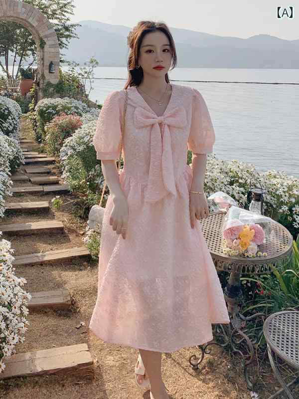 レディース ファッション オシャレ カワイイ 女性用 シンプル 大人カワイイ 大きいサイズ 婦人服 ピンク リボン ドレス 夏 フレンチ プリンセス ドレス 綺麗