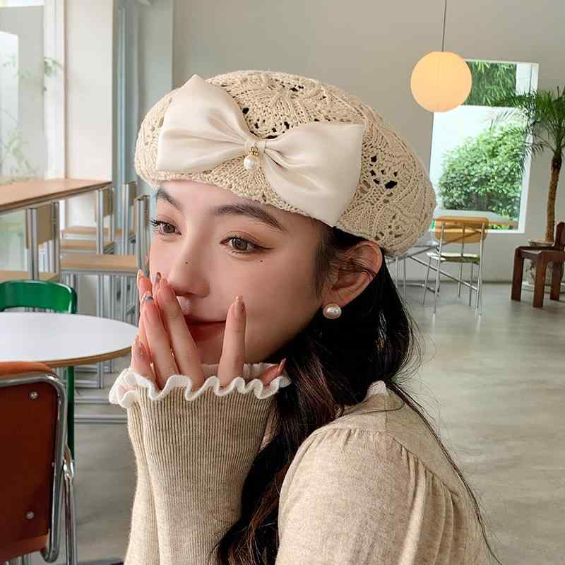 春 コーデ オシャレ 小物 アイテム レディース パール ベレー帽 編み込み エレガント 通気性 ニット帽 キャップ ペインター ハット