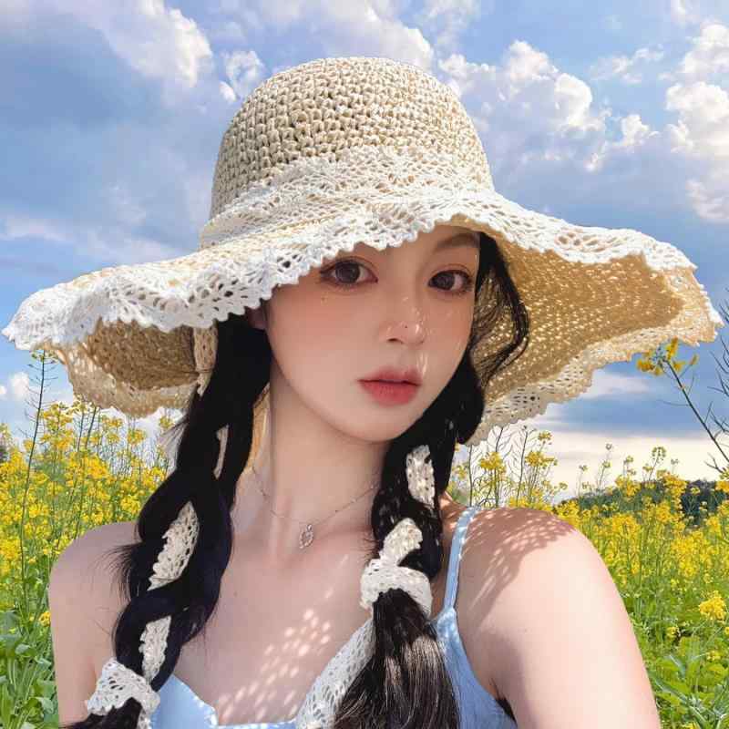 春 コーデ オシャレ 小物 アイテム レディース 麦わら帽子 シーサイド ハット レース 夏 ビーチ サンハット エッジ