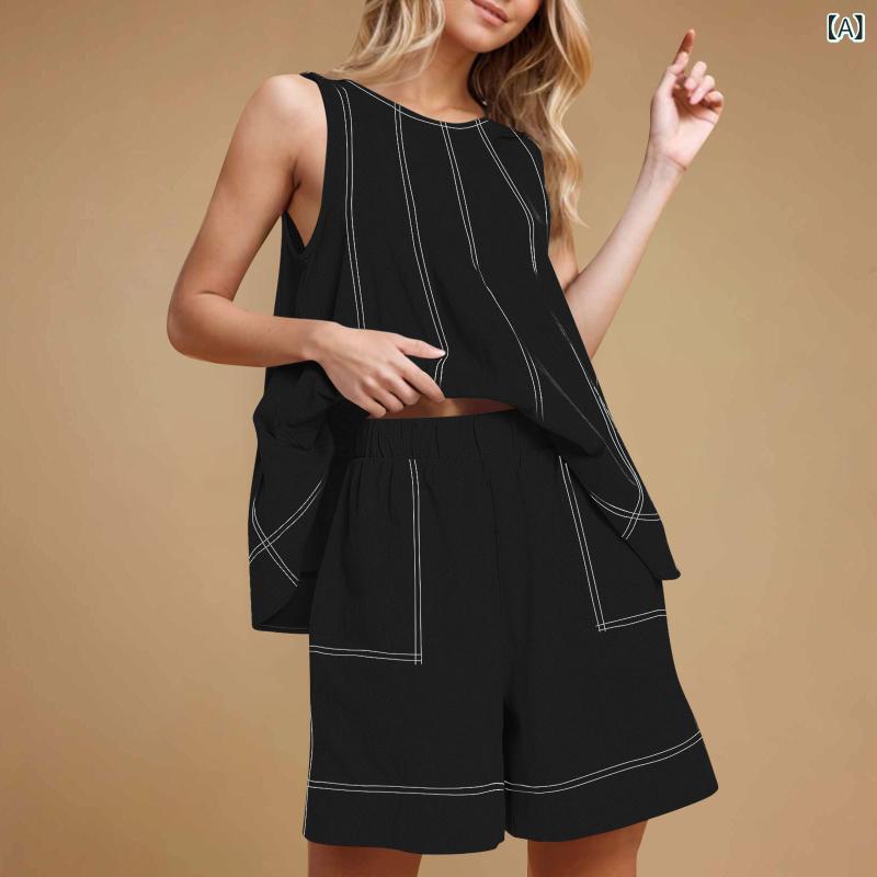 ハーフパンツ ショートパン セット レディース 女性用 夏 シーズン レジャー ゆったり ポケット ノースリーブ 綿　麻 コットン リネン 素材 軽量 通気性 涼しい 部屋着 リラックス 普段使い カジュアル