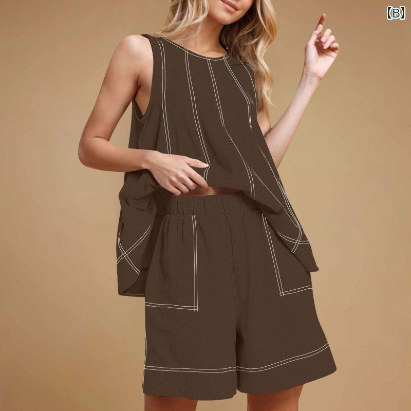 ハーフパンツ ショートパン セット レディース 女性用 夏 シーズン レジャー ゆったり ポケット ノースリーブ 綿　麻 コットン リネン 素材 軽量 通気性 涼しい 部屋着 リラックス 普段使い カジュアル