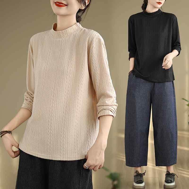 春 コーデ レディース ファッション オシャレ カワイイ シンプル きれいめ ナチュラル 上品カジュアル 婦人服 ハーフ タートルネック レイヤリング シャツ 長袖 T トップス