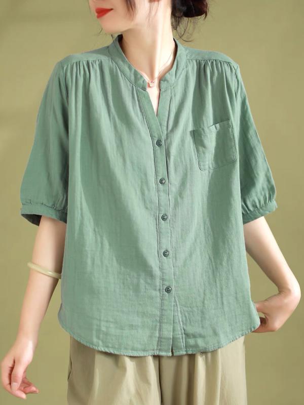 春 コーデ レディース ファッション オシャレ カワイイ シンプル きれいめ ナチュラル 上品カジュアル 婦人服 大きいサイズ コットン 麻 半袖 シャツ 夏 ゆったり スリム ベーシックスタイル スタンドカラー レイヤリング