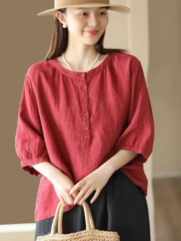 Rakuten - 春 コーデ レディース ファッション オシャレ カワイイ シンプル きれいめ ナチュラル 上品カジュアル 婦人服 ラウンドネック 無地 リネン シャツ トップス 夏 ミドル スリーブ プルオーバー ゆったり コットン レイヤリング