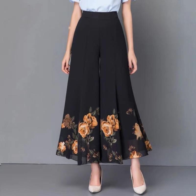 春 コーデ レディース ファッション オシャレ カワイイ シンプル きれいめ ナチュラル 上品カジュアル 婦人服 シフォン ワイドレッグ パンツ スカート プリント 夏 カジュアル 快適 ドレス 九分丈 ズボン