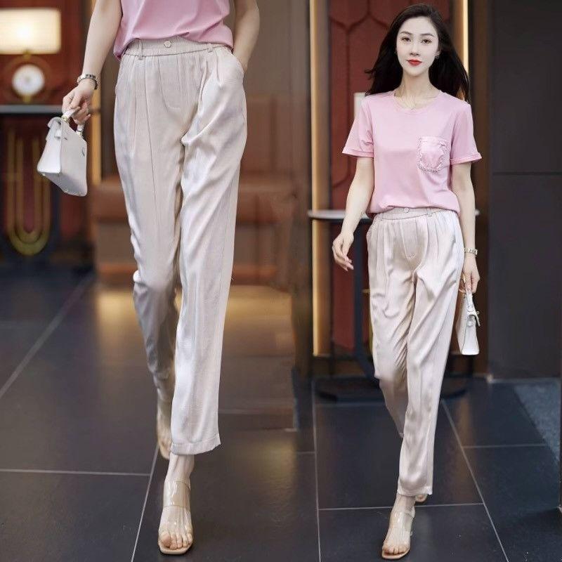 春 コーデ レディース ファッション オシャレ カワイイ シンプル きれいめ ナチュラル 上品カジュアル 婦人服 サテン パンツ 夏 薄手 ハイウエスト ゆったり スリム カジュアル