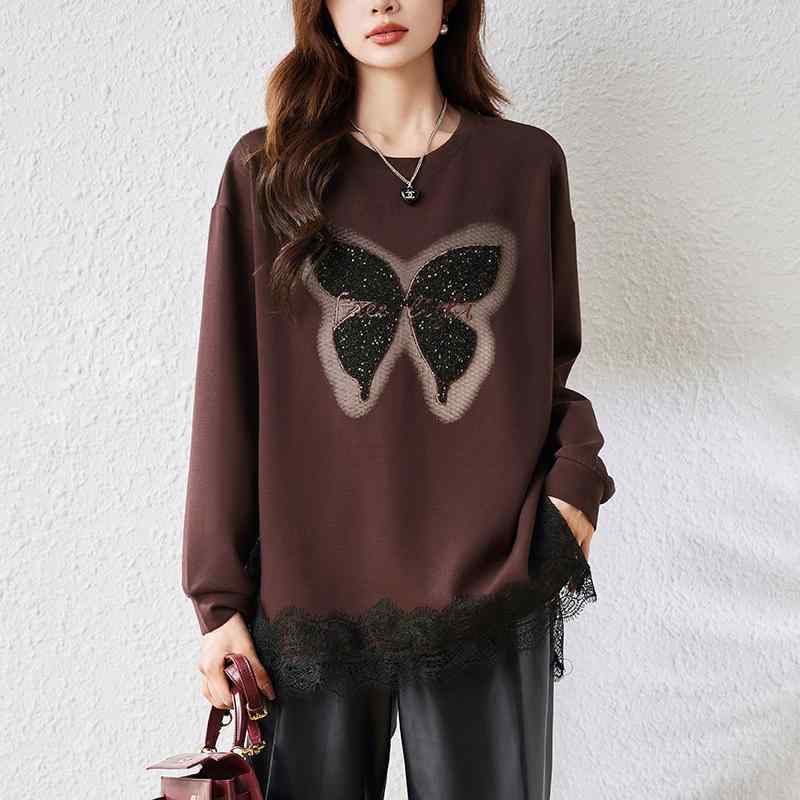 春 コーデ レディース ファッション オシャレ カワイイ シンプル きれいめ ナチュラル 上品カジュアル 婦人服 ラウンドネック スパンコール レース ステッチ セーター コットン カジュアル 長袖 トップス