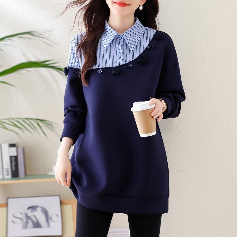 Other - 春 コーデ レディース ファッション オシャレ カワイイ シンプル きれいめ ナチュラル 上品カジュアル 婦人服 フェイク ツーピース ストライプ ステッチ 長袖 スウェットシャツ ゆったり カジュアル コットン ミドル丈 トップス