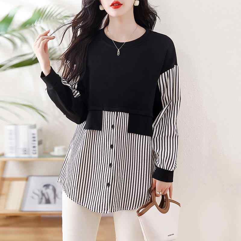 春 コーデ レディース ファッション オシャレ カワイイ シンプル きれいめ ナチュラル 上品カジュアル 婦人服 フェイク ツーピース ステッチ 長袖 シャツ ストライプ スリムトップス