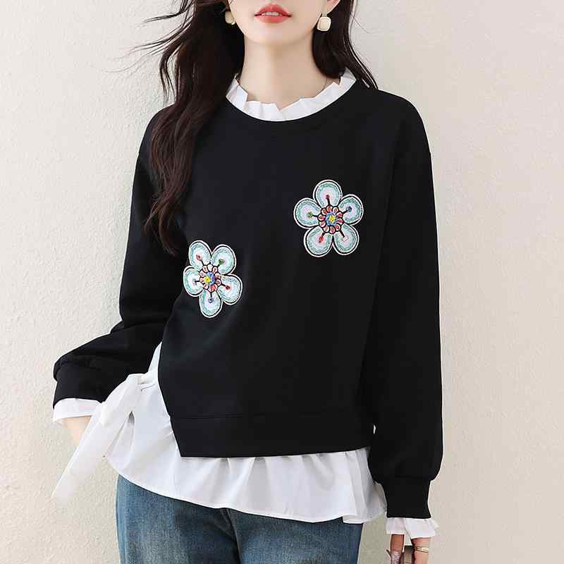 春 コーデ レディース ファッション オシャレ カワイイ シンプル きれいめ ナチュラル 上品カジュアル 婦人服 フェイク ツーピース プリント リボン セーター トップス