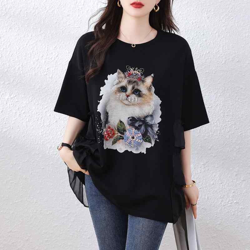 Three-Quarter - 春 コーデ レディース ファッション オシャレ カワイイ シンプル きれいめ ナチュラル 上品カジュアル 婦人服 プリント 半袖 Tシャツ 夏 大きいサイズ ゆったり トップス
