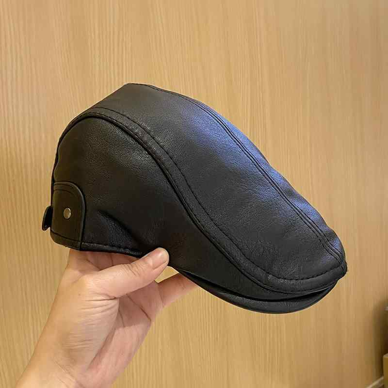 春 コーデ オシャレ 小物 アイテム レディース メンズ　　ブラック　レトロ　レザー　フォワード　ハット　カジュアル　キャップ　ベレー帽