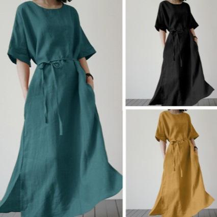 乐天商城 - レディース ロング スカート フレア ミディ丈 ワンピース コットンリネン ウエストベルト カジュアル 夏 コーデ ロング フレア スカート エレガント 普段使い 通勤ウェア デイリー 綿