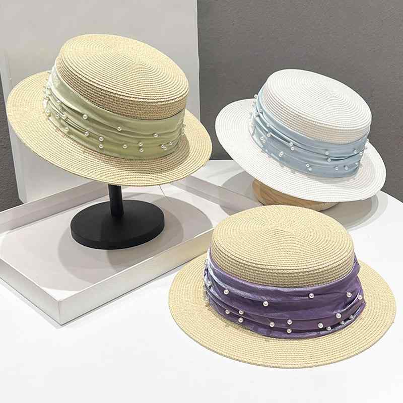 春 コーデ オシャレ 小物 アイテム レディース サテン パール フラット ハット 夏 ストロー つば有り 帽子 キャップ