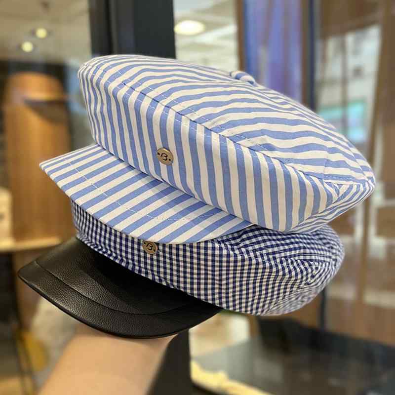春 コーデ オシャレ 小物 アイテム レディース ライン　チェック柄　女性用　革　つば有り　帽子　キャップ　ペインター　ハット