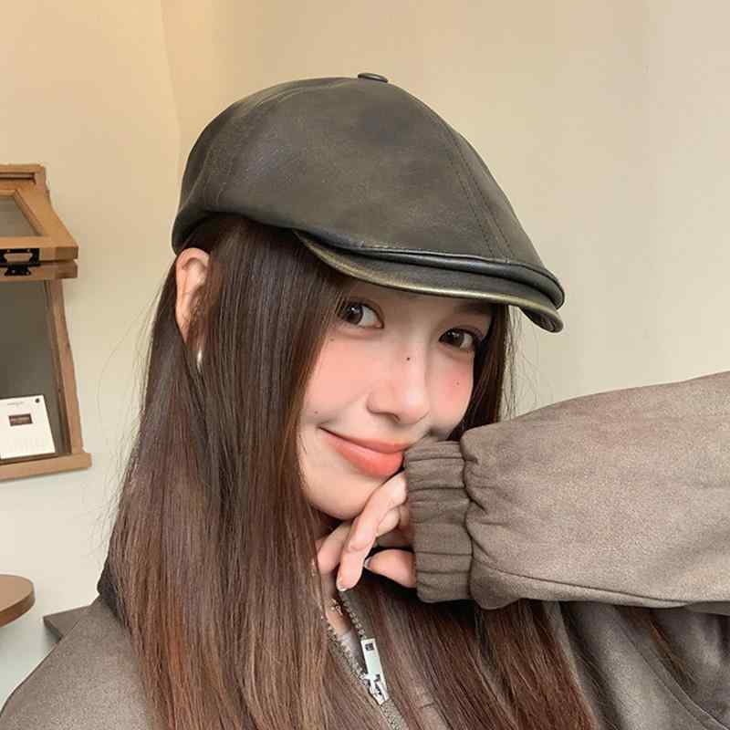 春 コーデ オシャレ 小物 アイテム レディース 春　秋　PUレザー　ベレー帽　レトロ　オールドファッシ..