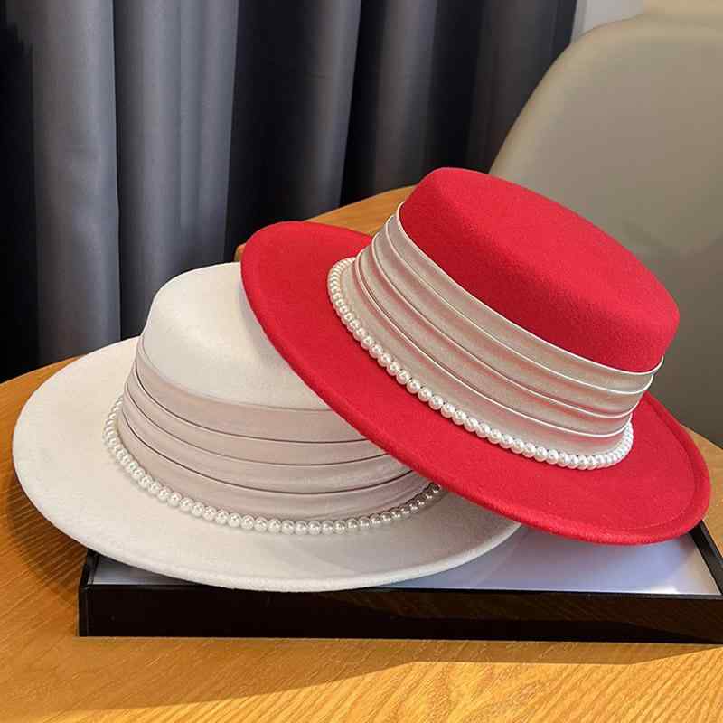 春 コーデ オシャレ 小物 アイテム レディース フラットトップ　ハット　ウール　ハット　フレンチ　レトロ　エレガント　つば広　ジャズ