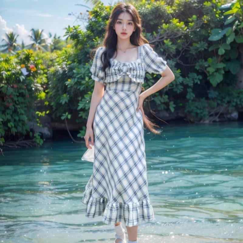 春 コーデ レディース ファッション オシャレ カワイイ シンプル きれいめ ナチュラル 上品カジュアル 婦人服 大きいサイズ フレンチ風スクエア ネック ブルー チェック柄 ドレス 夏 ウエスト スリム ロング