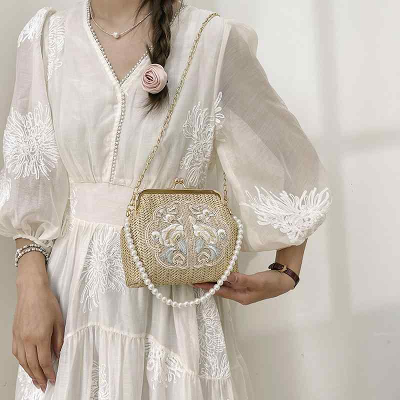 レディース 鞄 カバン バック ファッション オシャレ アイテム 小物 レトロ チャイナバッグ クリップわらバッグ