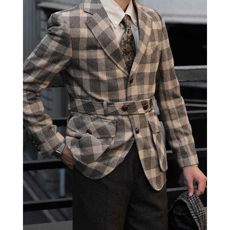メンズ ファッション 服 用 オシャレ シンプル 大人 かっこいい 大きいサイズ ストリート 紳士服 レトロ スリム ベルト 装飾 カジュアル ハンティング スーツ ジャケット チェック柄 ストライプ