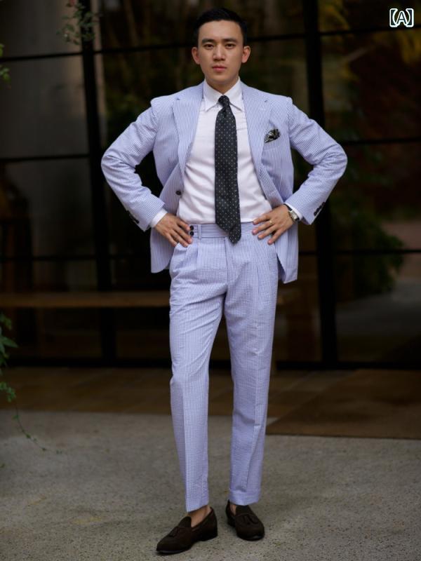 メンズ ファッション 服 用 オシャレ シンプル 大人 かっこいい 大きいサイズ ストリート 紳士服 夏 アメリカン ストライプ シアサッカー スリムフィット スーツ ツーピース カジュアル パンツ