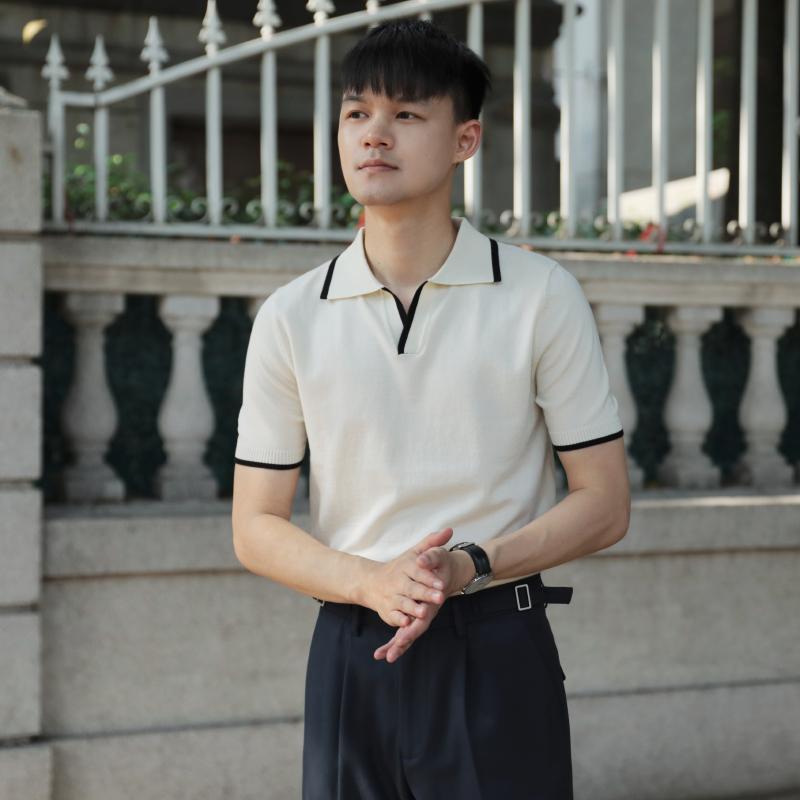 メンズ ファッション 服 用 オシャレ シンプル 大人 かっこいい 大きいサイズ ストリート 紳士服 アーティスティック ボタンレス スリムフィット セーター ストレッチ 半袖 リヨセル ポロシャツ Tシャツ