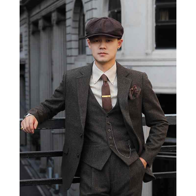 メンズ ファッション 服 用 オシャレ シンプル 大人 かっこいい 大きいサイズ ストリート 紳士服 レトロ スリム フィット 結婚式 チェック柄 ウール ツイード スーツ スリーピース(4)