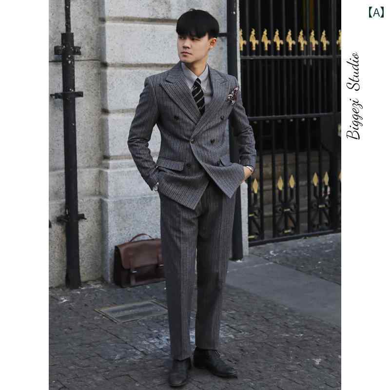 メンズ ファッション 服 用 オシャレ シンプル 大人 かっこいい 大きいサイズ ストリート 紳士服 レトロ ヘリンボーン ストライプ ウール 厚手 ビジネス スリム ダブルブレスト スーツ ツーピース
