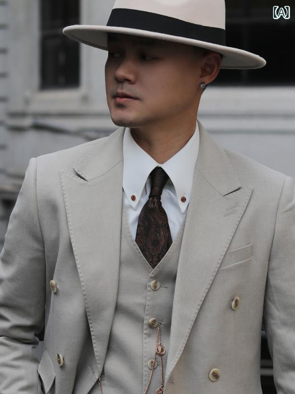 メンズ ファッション 服 用 オシャレ シンプル 大人 かっこいい 大きいサイズ ストリート 紳士服 レトロ ダブルブレスト スリム スーツ イタリアン エレガント アプリコット ウール スリーピース スーツ