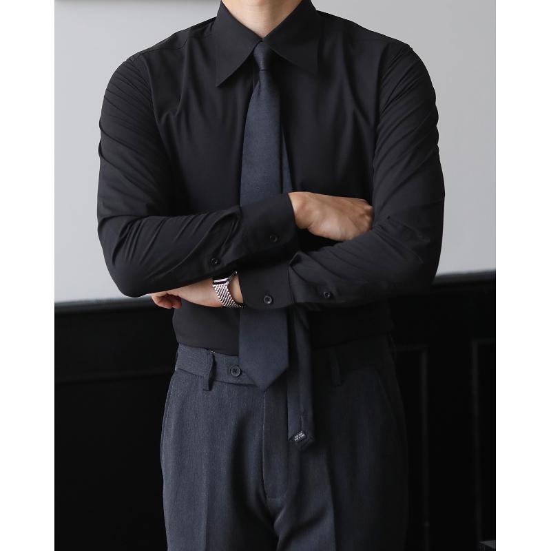 メンズ ファッション 服 用 オシャレ シンプル 大人 かっこいい 大きいサイズ ストリート 紳士服 ビジネス ワーク スリム 白 シャツ イタリアン ロング 襟 通勤ウェア 黒(4)