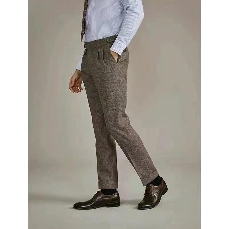 メンズ ファッション 服 用 オシャレ シンプル 大人 かっこいい 大きいサイズ ストリート 紳士服 ブラウン ウール スーツ パンツ ツイード ボタン ハイウエスト ヘリンボーン柄