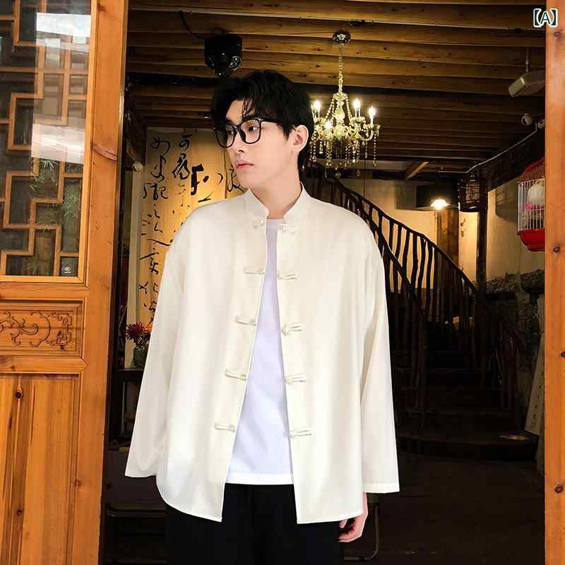 アジアンテイスト 衣装 メンズ ファッション 服 用 オシャレ シンプル 大人 かっこいい 大きいサイズ ストリート 紳士服 スーツ 長袖 シャツ 無地 スタンドカラー レトロ ボタン トップ