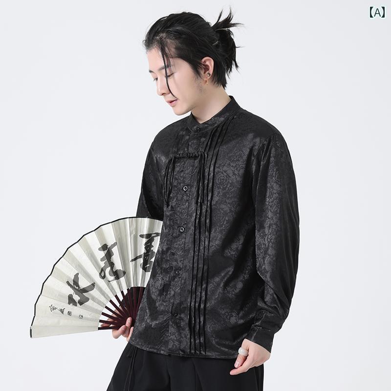 アジアンテイスト 衣装 メンズ ファッション 服 用 オシャレ シンプル 大人 かっこいい 大きいサイズ ストリート 紳士服 サテン タッセル 長袖 シャツ カジュアル レトロ ハイエンド トップス