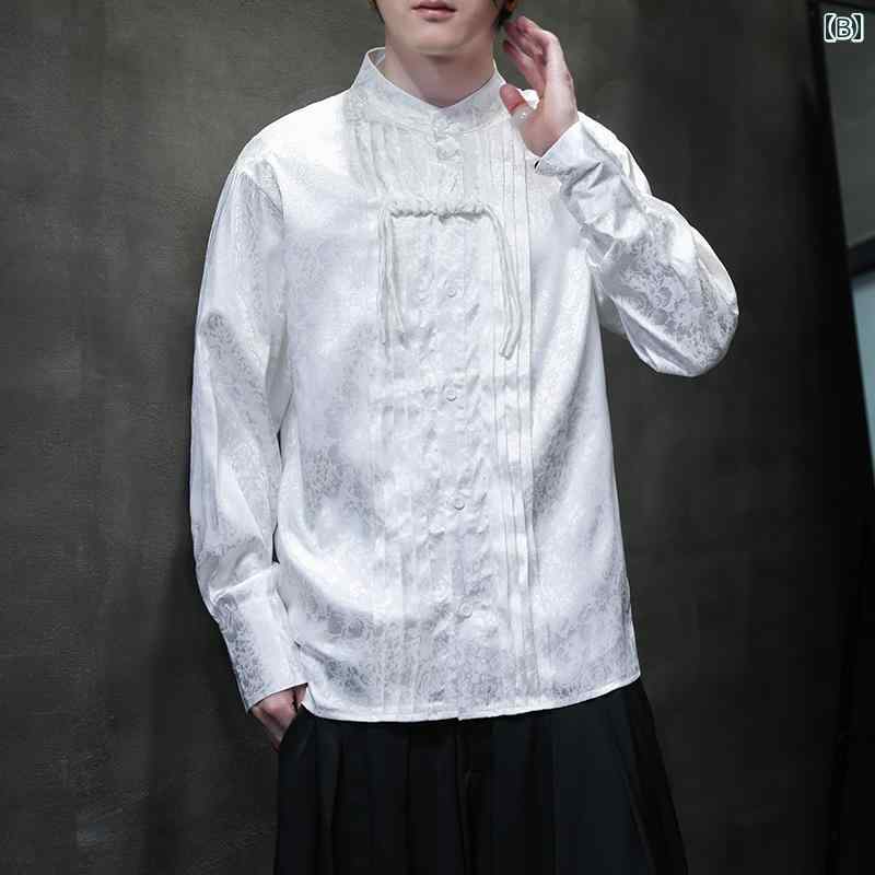 アジアンテイスト 衣装 メンズ ファッション 服 用 オシャレ シンプル 大人 かっこいい 大きいサイズ ストリート 紳士服 サテン タッセル 長袖 シャツ カジュアル レトロ ハイエンド トップス