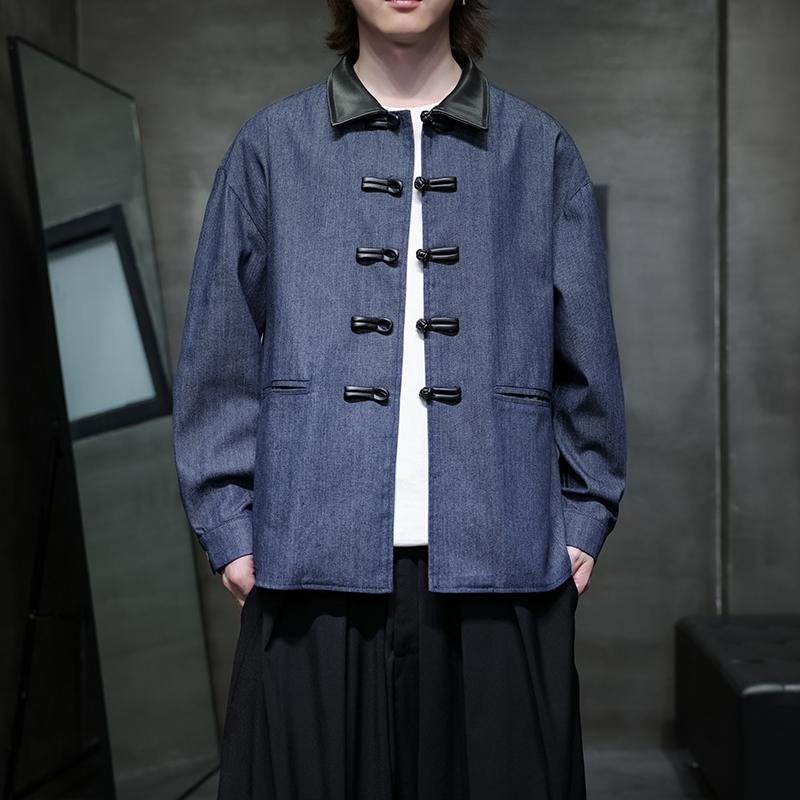 アジアンテイスト 衣装 メンズ ファッション 服 用 オシャレ シンプル 大人 かっこいい 大きいサイズ ストリート 紳士服 デニム シャツ 長袖 ジャケット レトロ バックル スーツ 大きいサイズ トップ