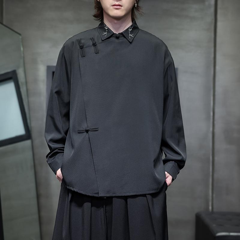 アジアンテイスト 衣装 メンズ ファッション 服 用 オシャレ シンプル 大人 かっこいい 大きいサイズ ストリート 紳士服 長袖 シャツ レトロ ディスク ボタン 斜め前立て 漢服(4.0)